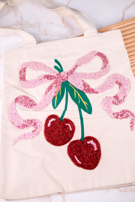 Beaded Cherry Canvas Tote Bag - Whiskey Skies - KARMA