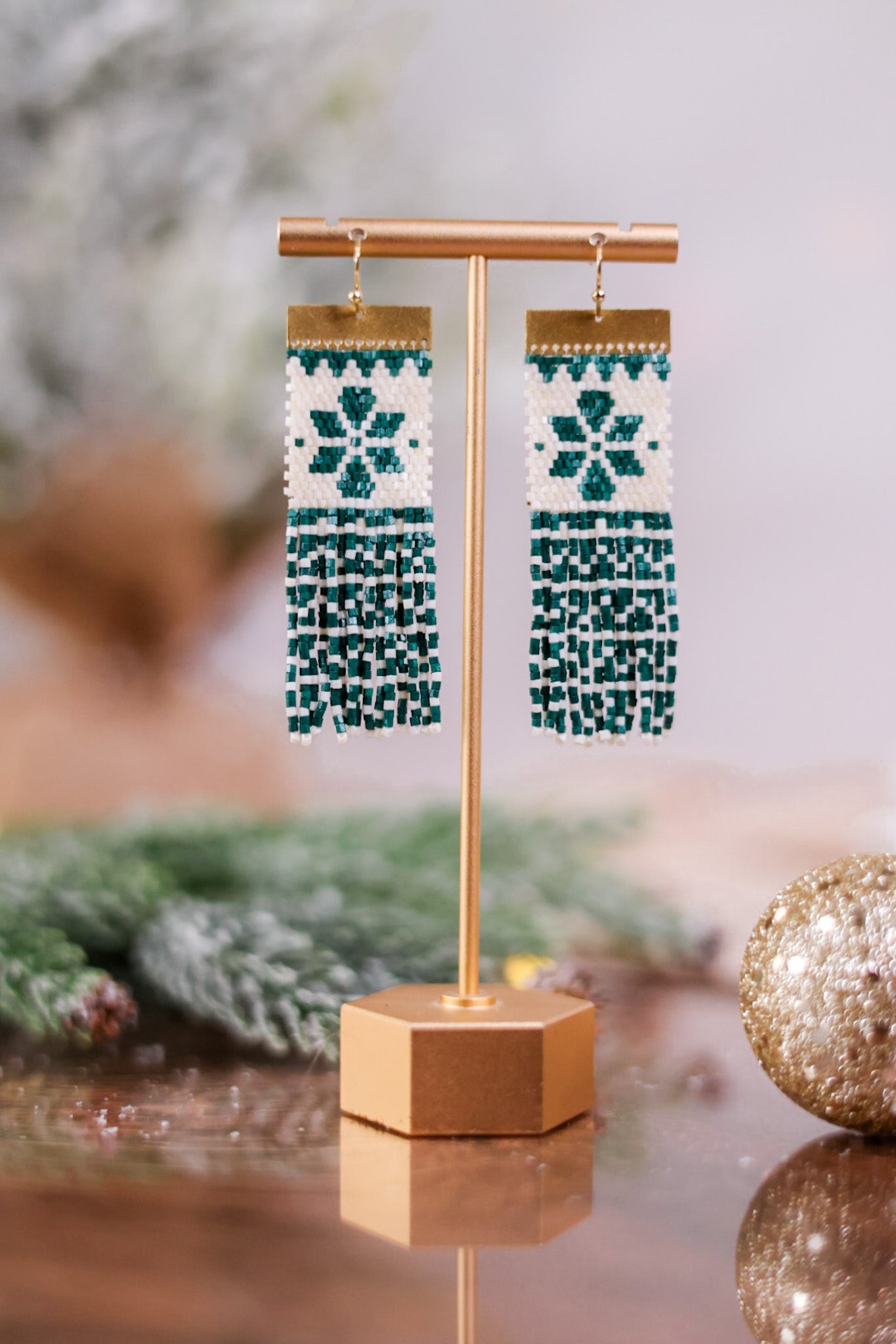 Beaded Green and White Holiday Earrings - Whiskey Skies - INK+ALLOY