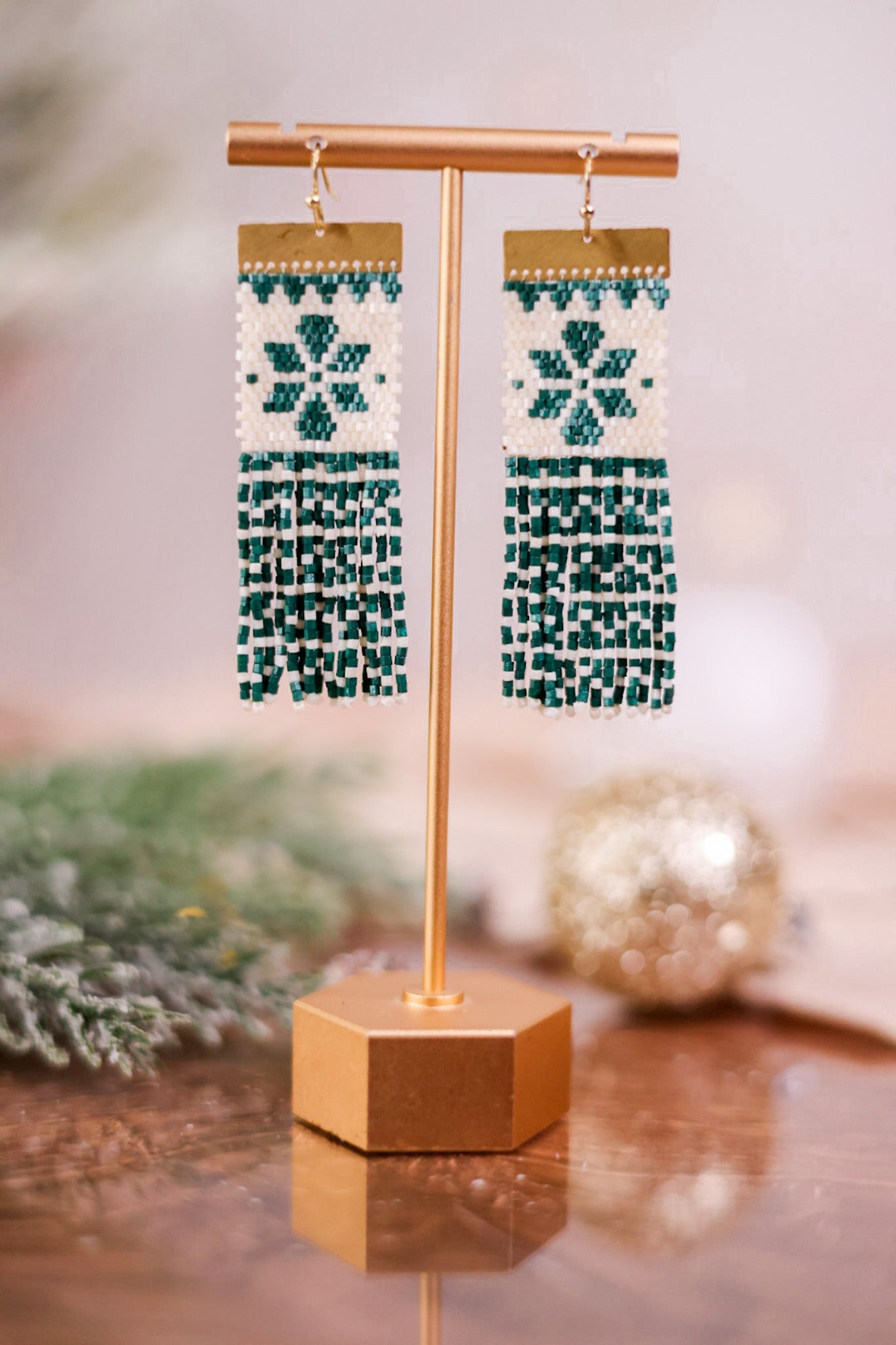 Beaded Green and White Holiday Earrings - Whiskey Skies - INK+ALLOY