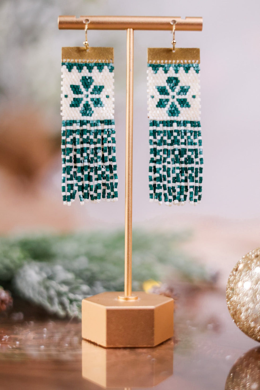 Beaded Green and White Holiday Earrings - Whiskey Skies - INK+ALLOY