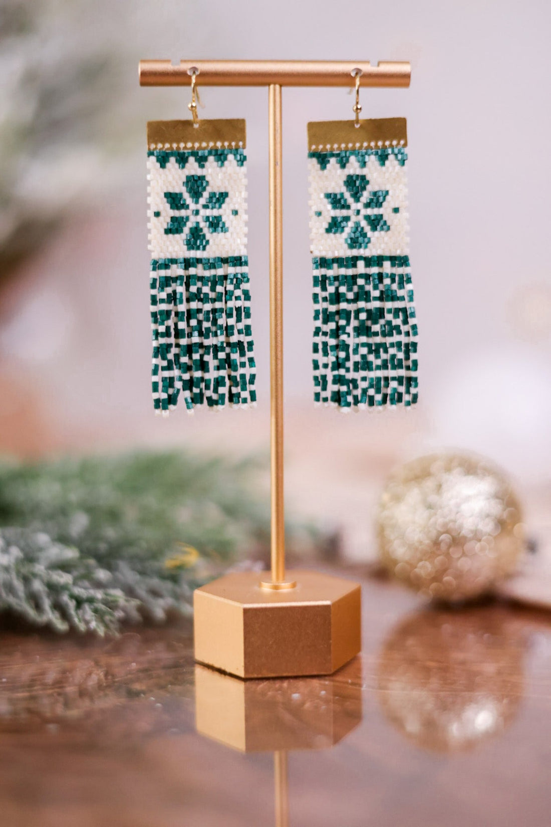 Beaded Green and White Holiday Earrings - Whiskey Skies - INK+ALLOY