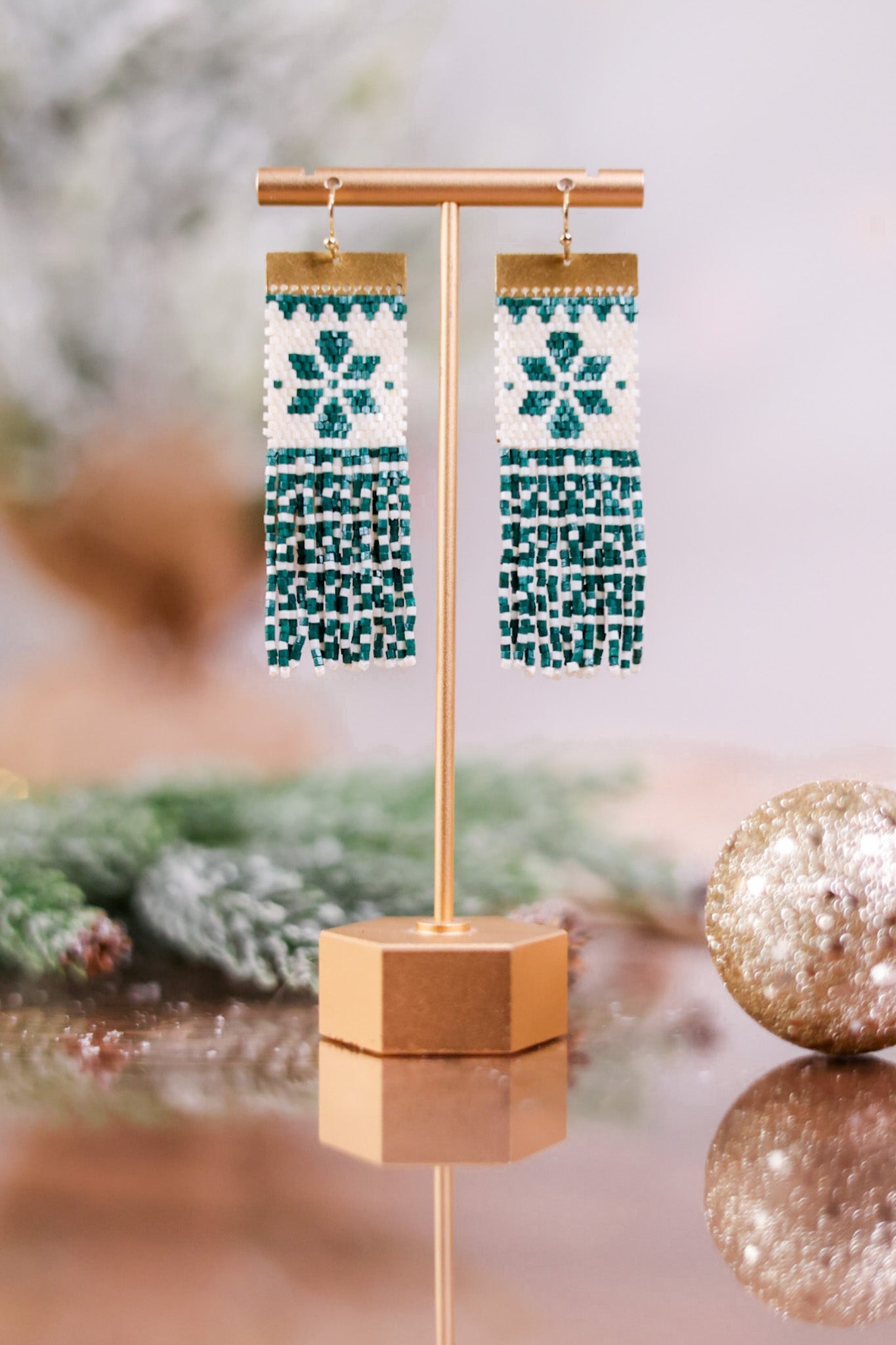 Beaded Green and White Holiday Earrings - Whiskey Skies - INK+ALLOY