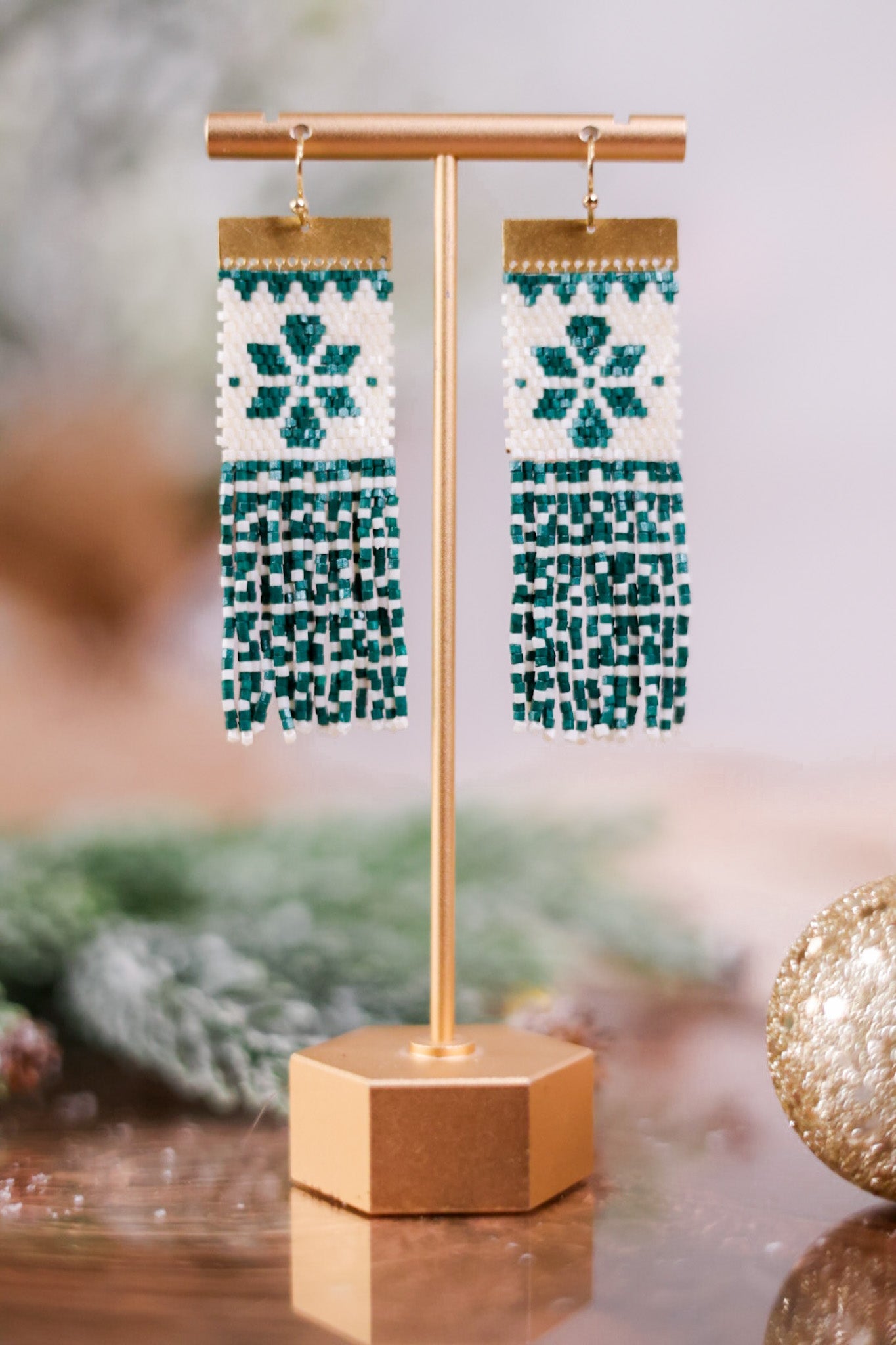 Beaded Green and White Holiday Earrings - Whiskey Skies - INK+ALLOY