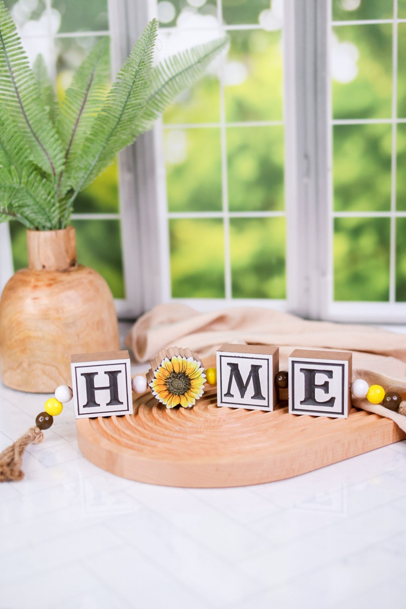 Beaded Wooden Sunflower "Home" Garland - Whiskey Skies - WT COLLECTION