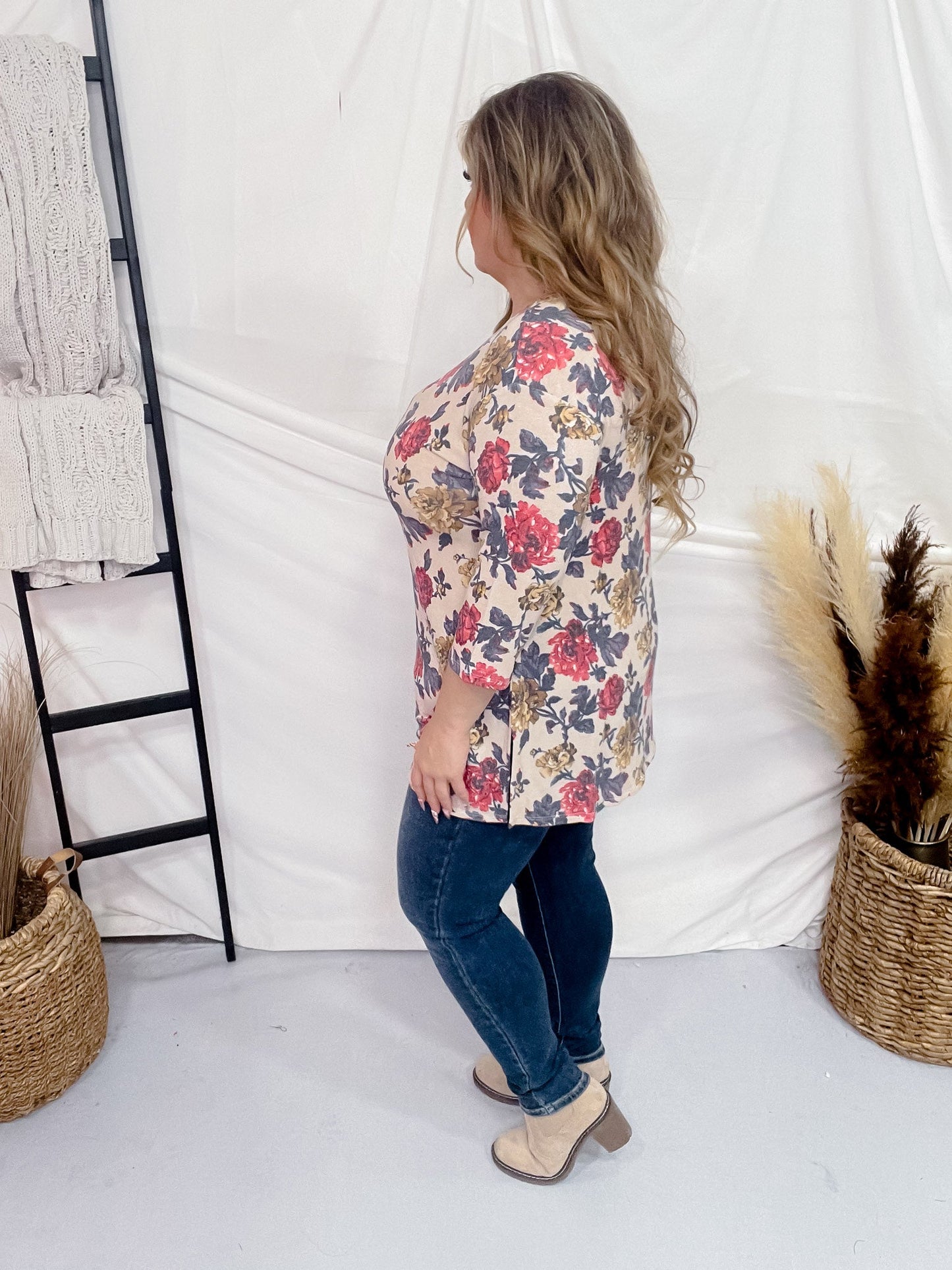 Beige Floral 3/4 Sleeve Top with Round Neckline - Whiskey Skies - DEAR SCARLETT