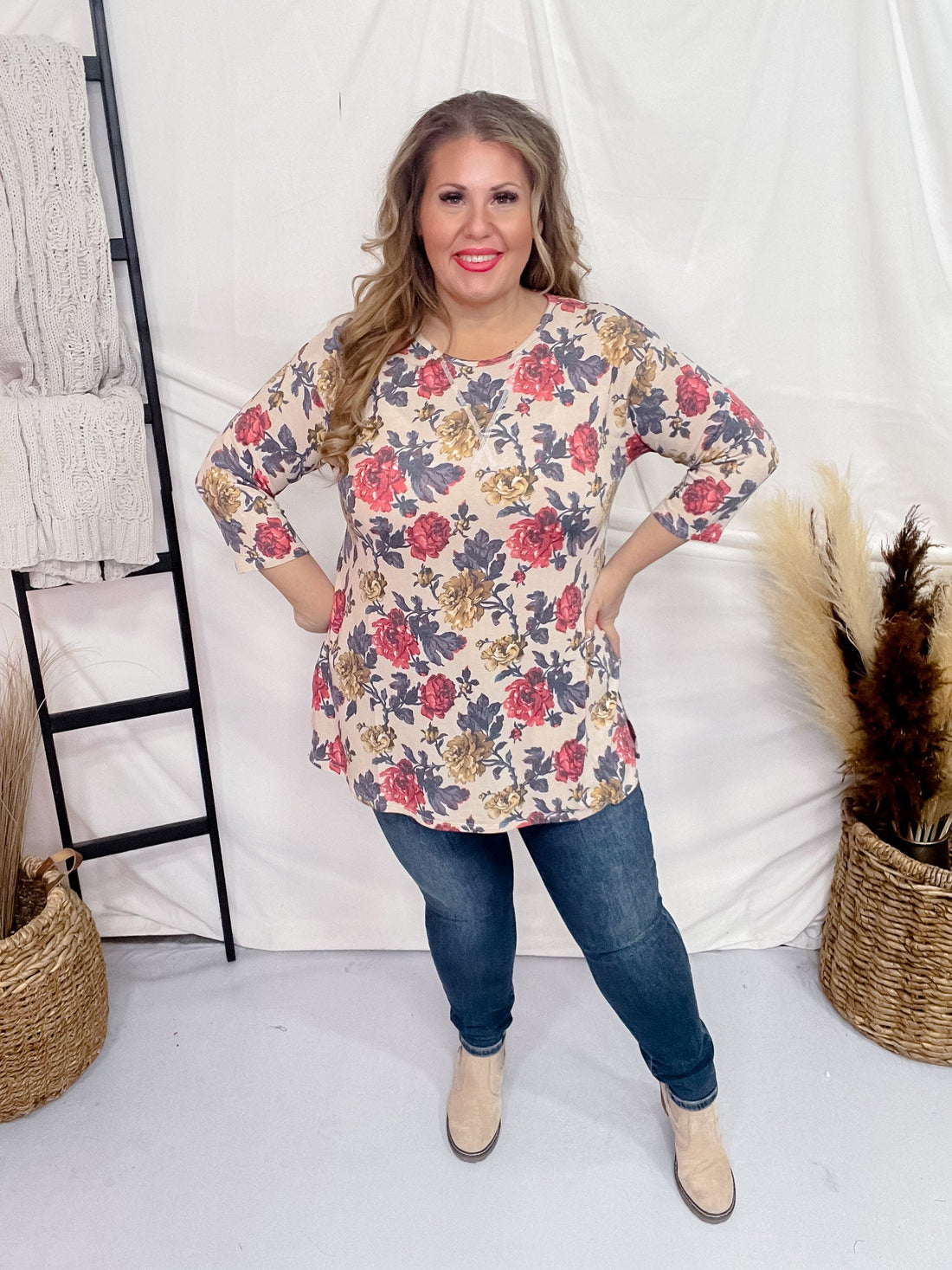 Beige Floral 3/4 Sleeve Top with Round Neckline - Whiskey Skies - DEAR SCARLETT