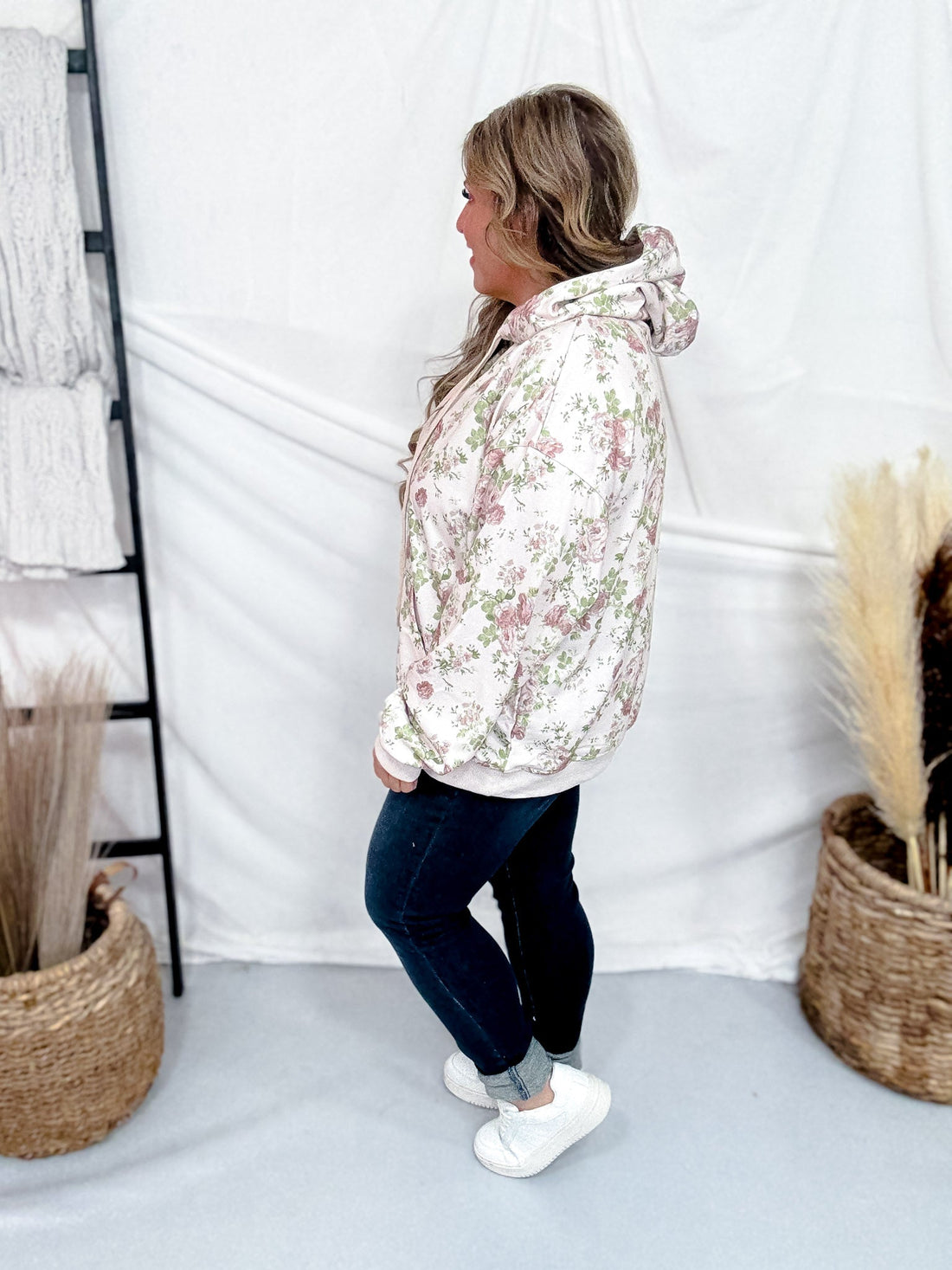 Beige Floral Print Hoodie - Whiskey Skies - POLAGRAM + BAEVELY