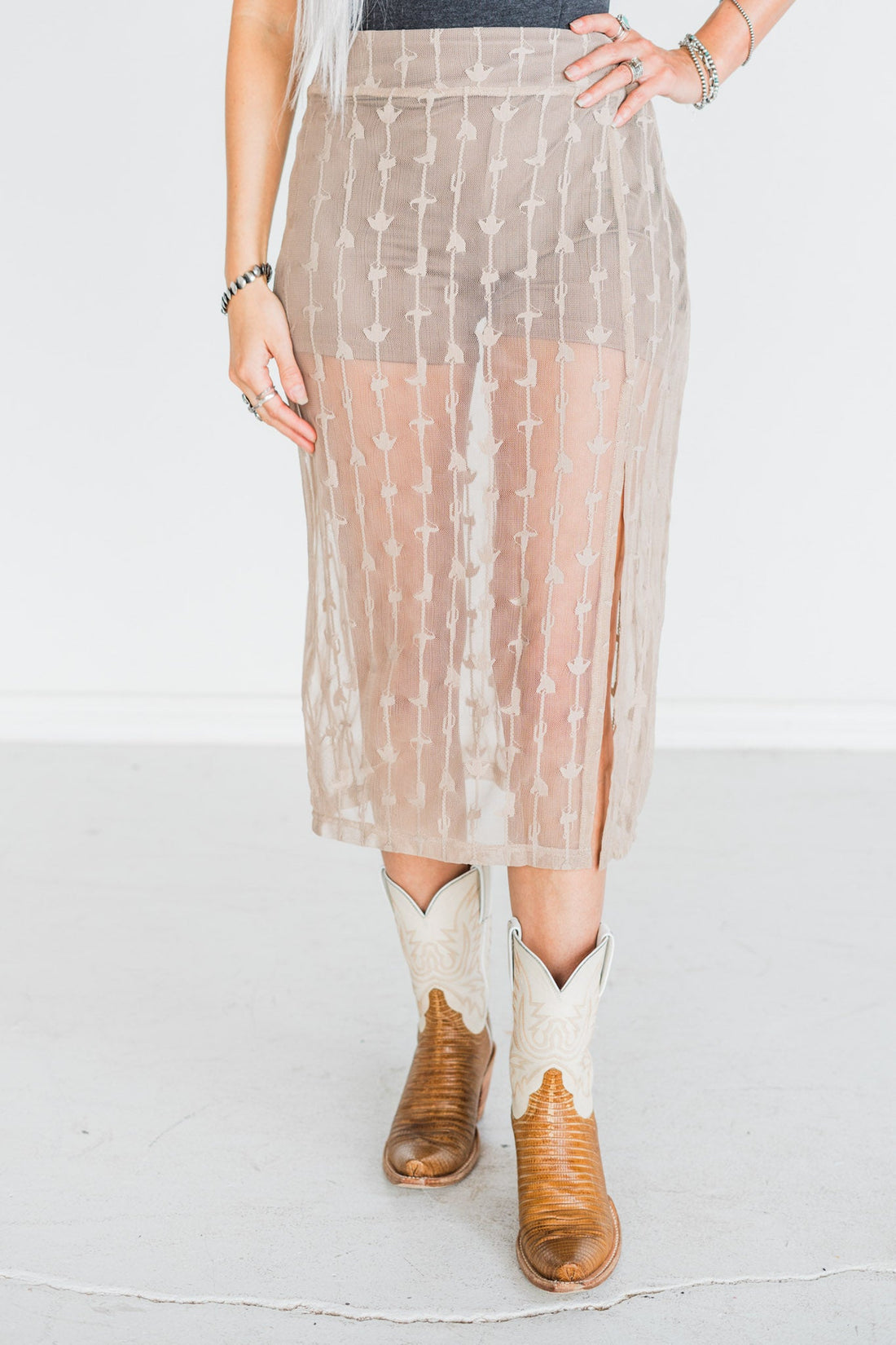 Beige Lace Skirt W/ Front Slit & Western Design - Whiskey Skies - 2 FLY CO.