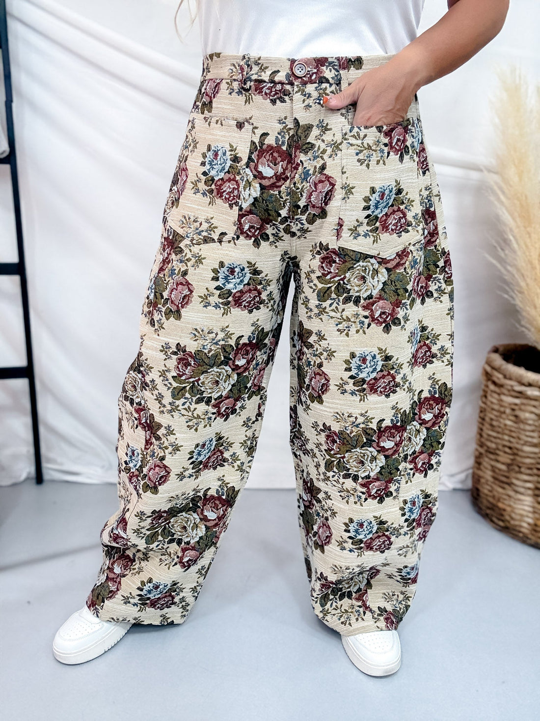 Beige & Mauve High Waist Barrel Leg Floral Jacquard Pants - Whiskey Skies - DAVI & DANI