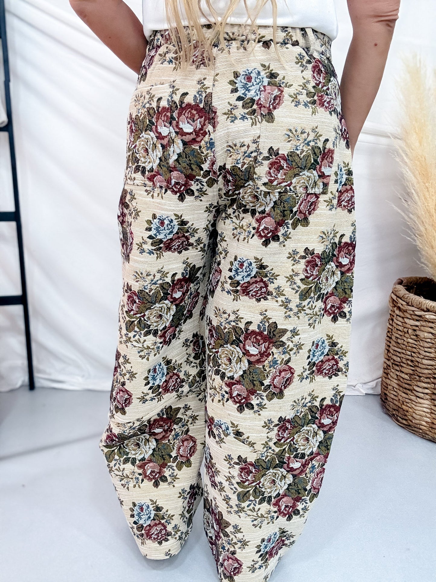 Beige & Mauve High Waist Barrel Leg Floral Jacquard Pants - Whiskey Skies - DAVI & DANI