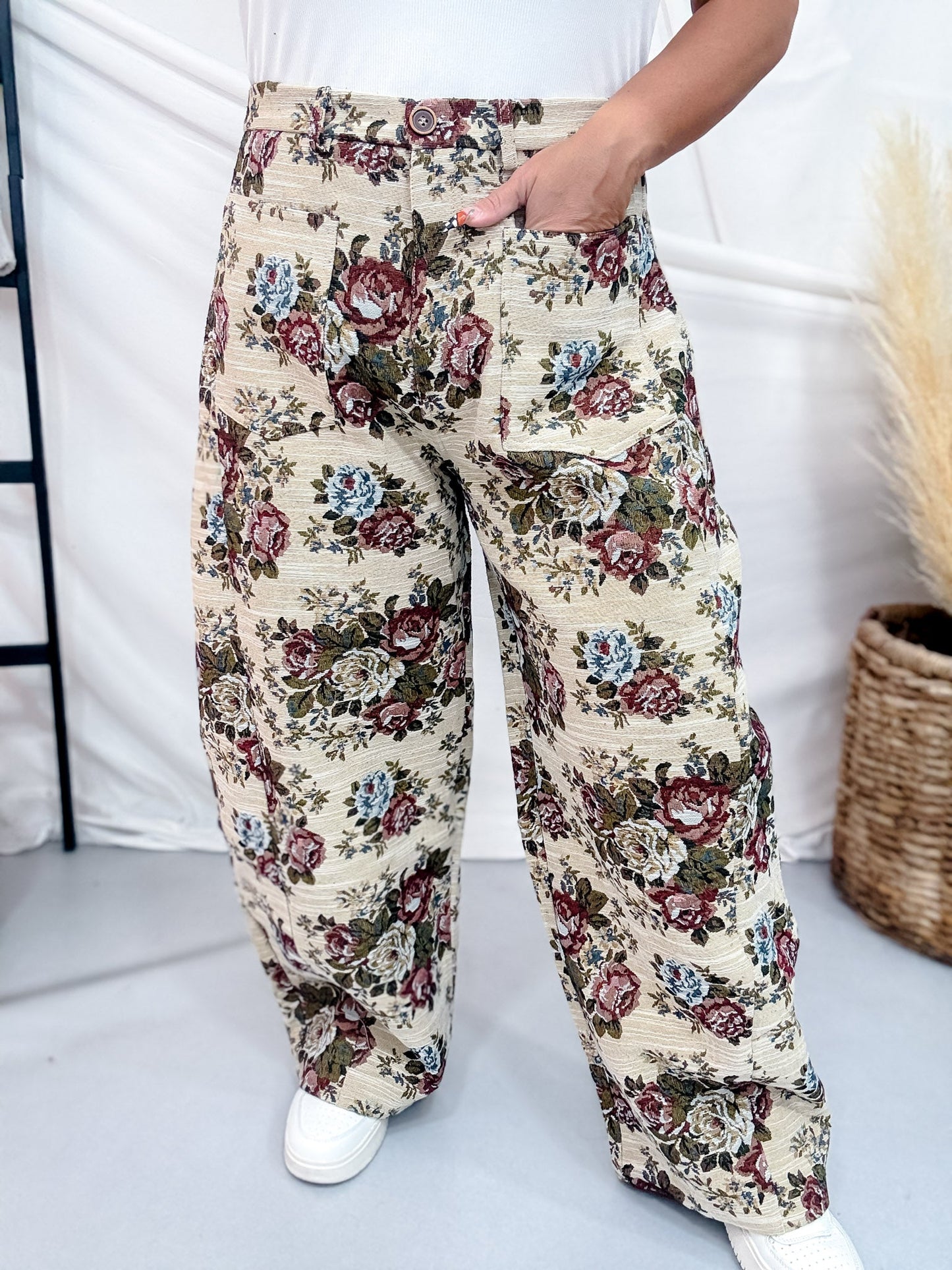 Beige & Mauve High Waist Barrel Leg Floral Jacquard Pants - Whiskey Skies - DAVI & DANI