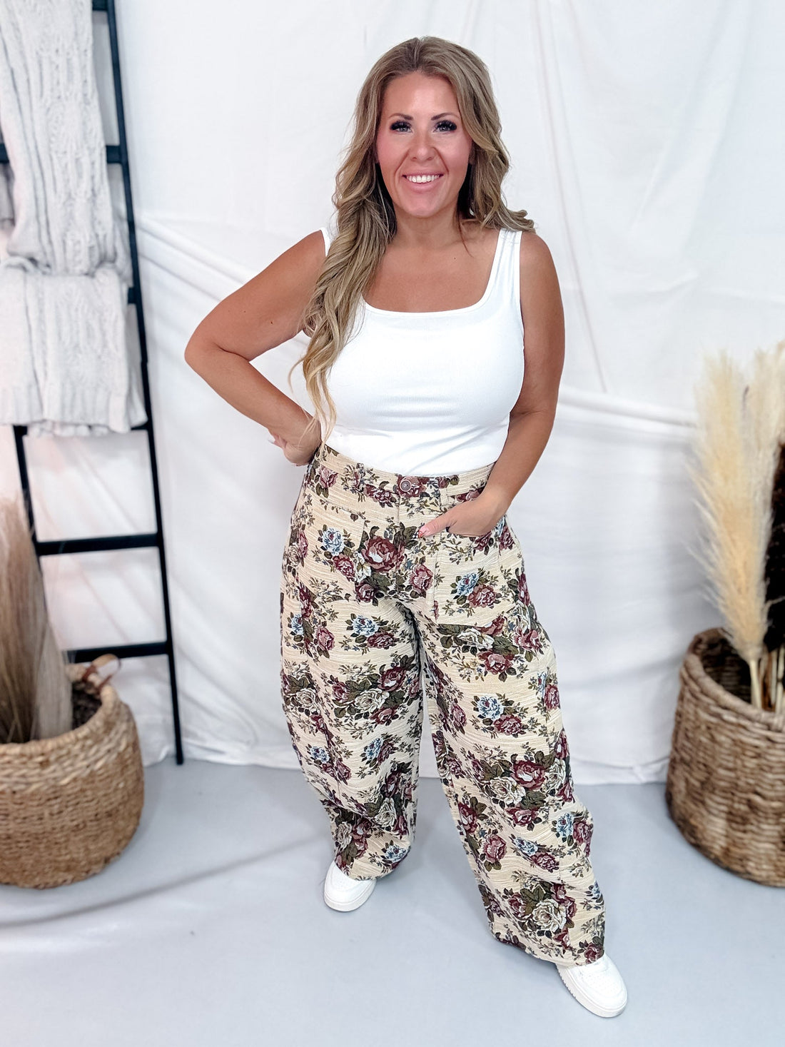 Beige & Mauve High Waist Barrel Leg Floral Jacquard Pants - Whiskey Skies - DAVI & DANI