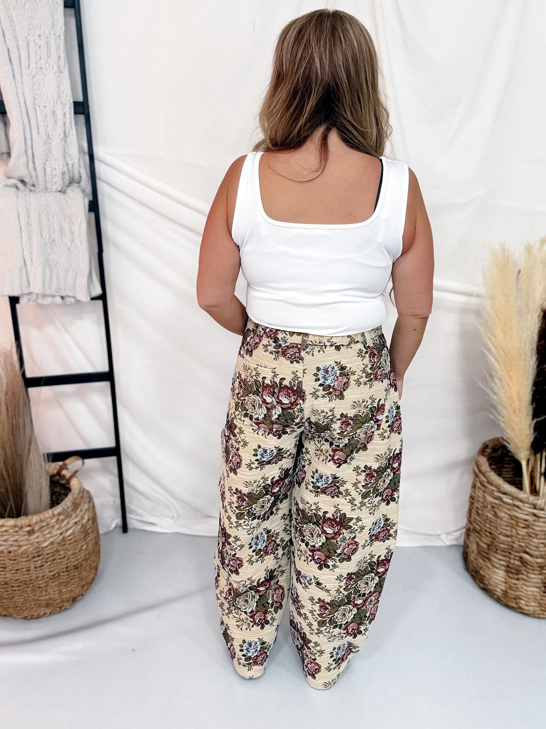 Beige & Mauve High Waist Barrel Leg Floral Jacquard Pants - Whiskey Skies - DAVI & DANI