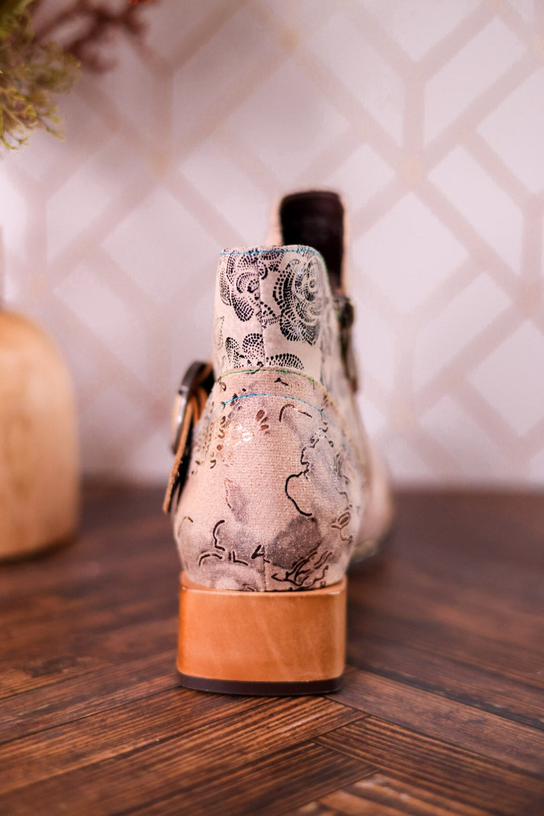 Beige Painted & Embossed Leather Ankle Boots - Whiskey Skies - SPRING FOOTWEAR