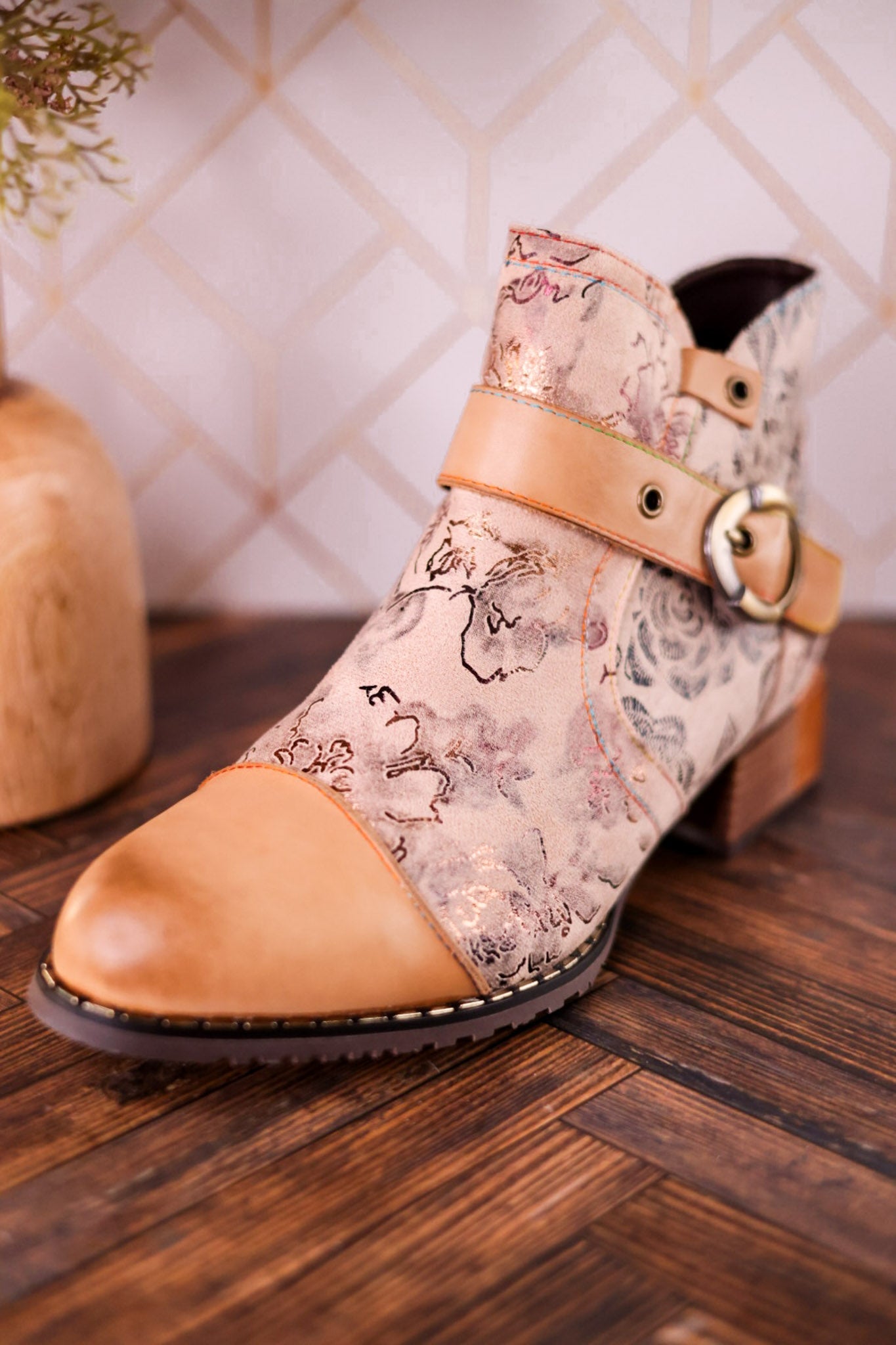 Beige Painted & Embossed Leather Ankle Boots - Whiskey Skies - SPRING FOOTWEAR