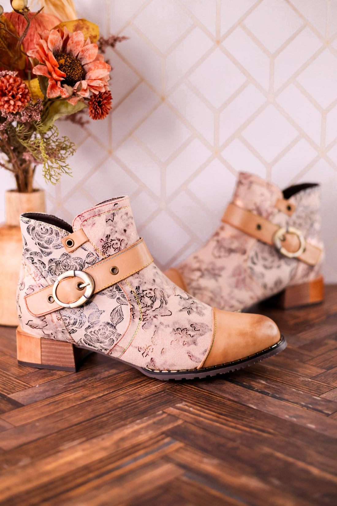 Beige Painted & Embossed Leather Ankle Boots - Whiskey Skies - SPRING FOOTWEAR