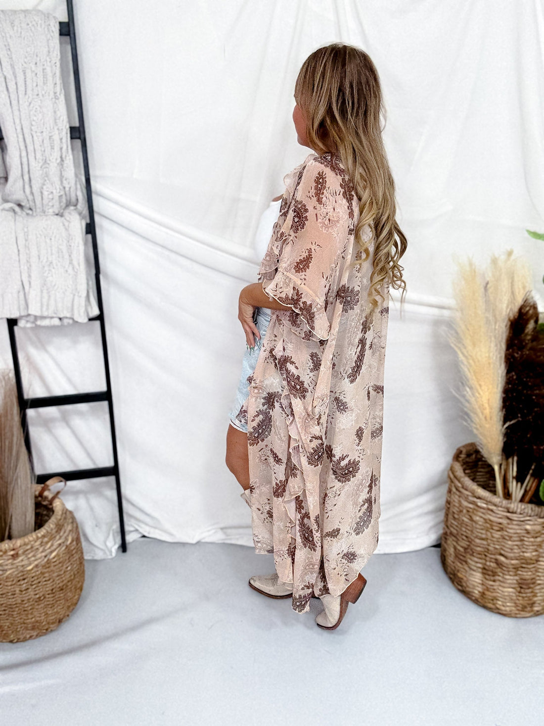 Beige Paisley Print Ruffled Duster Cardigan - Whiskey Skies - DAVI & DANI