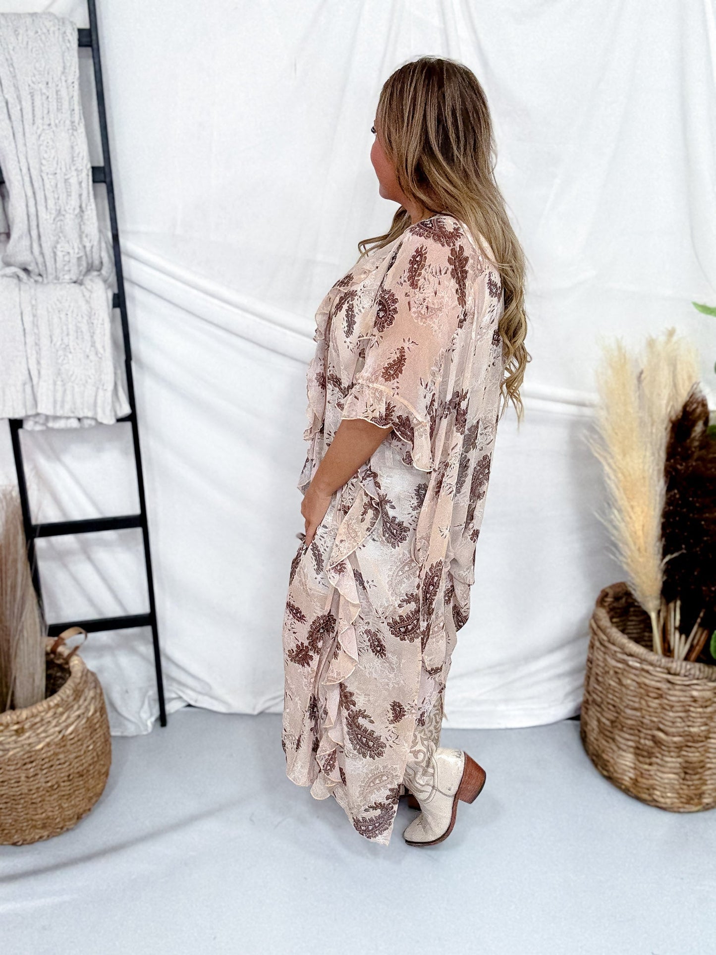Beige Paisley Print Ruffled Duster Cardigan - Whiskey Skies - DAVI & DANI