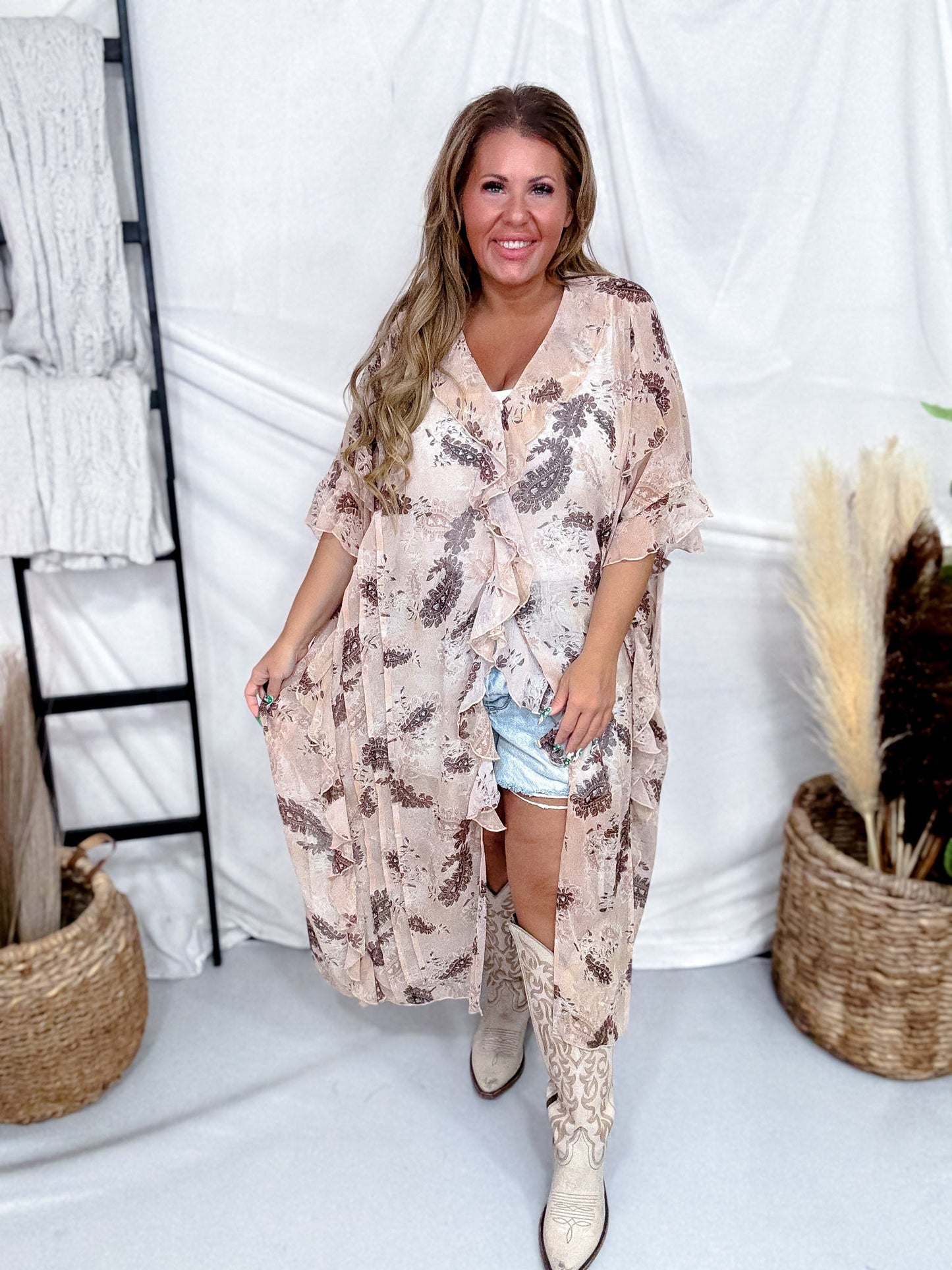 Beige Paisley Print Ruffled Duster Cardigan - Whiskey Skies - DAVI & DANI