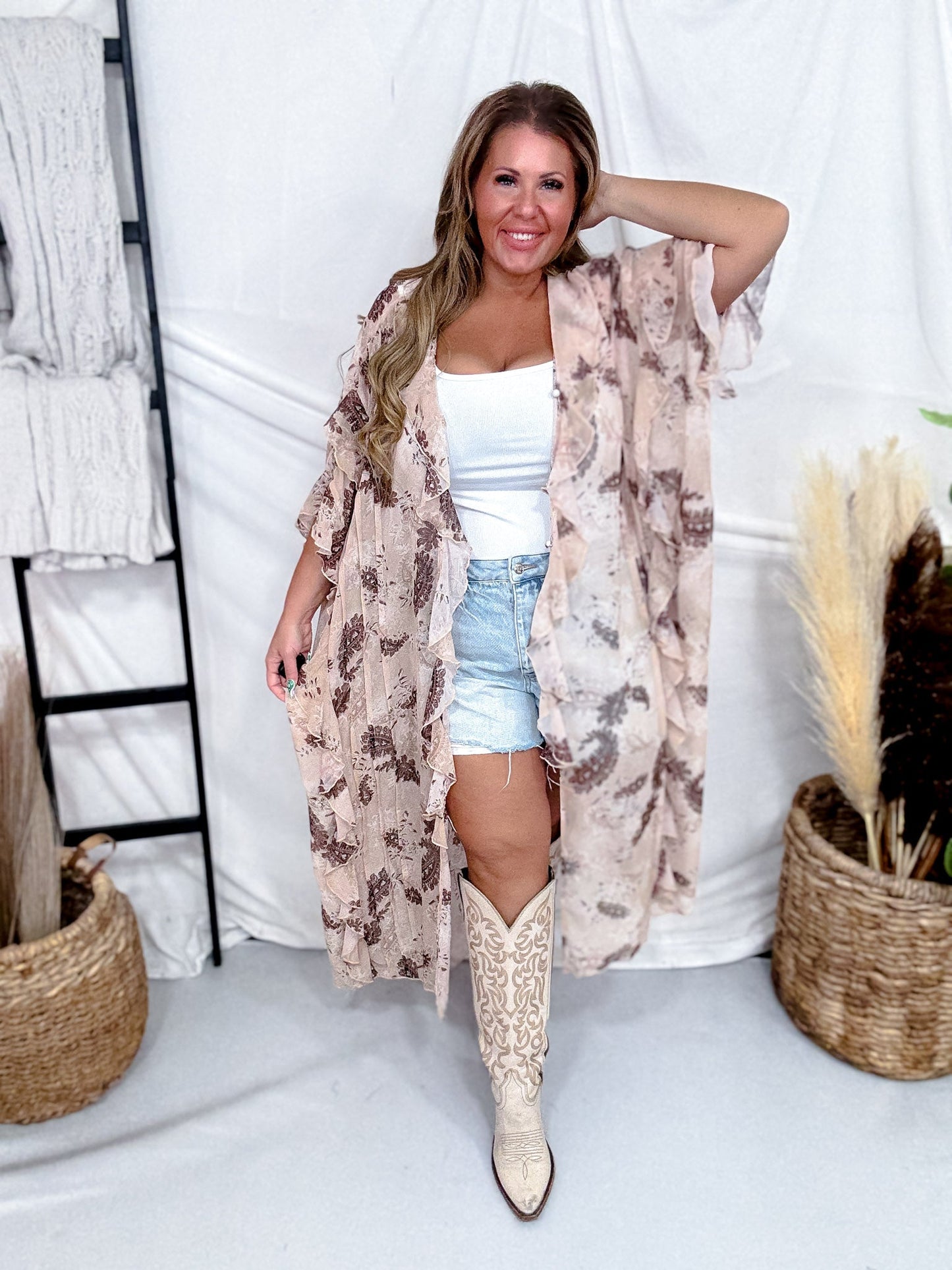 Beige Paisley Print Ruffled Duster Cardigan - Whiskey Skies - DAVI & DANI