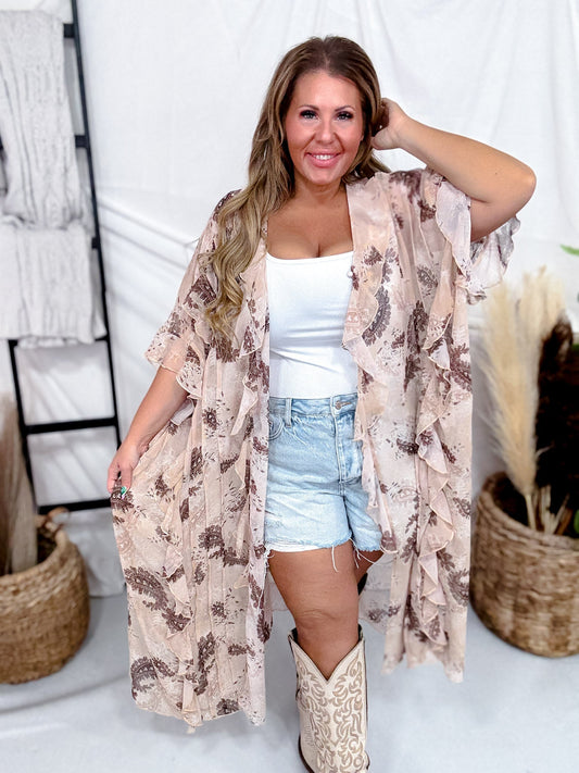 Beige Paisley Print Ruffled Duster Cardigan - Whiskey Skies - DAVI & DANI