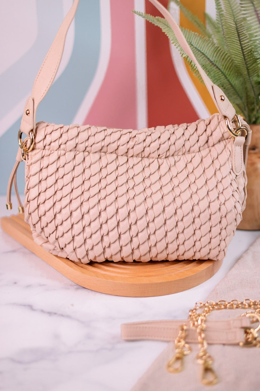 Beige Woven Cinch Crossbody Bag - Whiskey Skies - JEN & CO