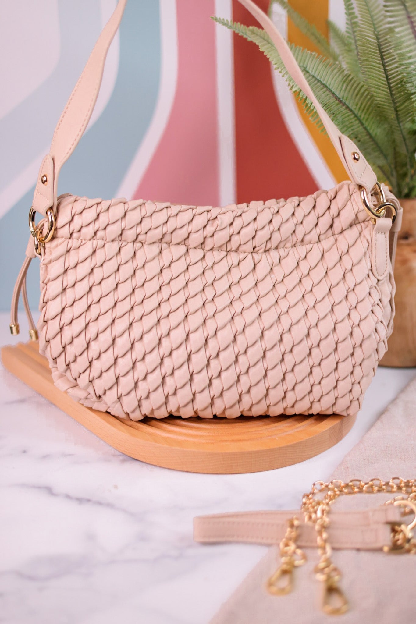 Beige Woven Cinch Crossbody Bag - Whiskey Skies - JEN & CO