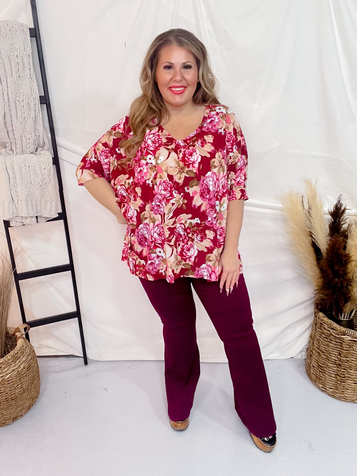 Berry Red Floral Top with Dolman Sleeves - Whiskey Skies - DEAR SCARLETT