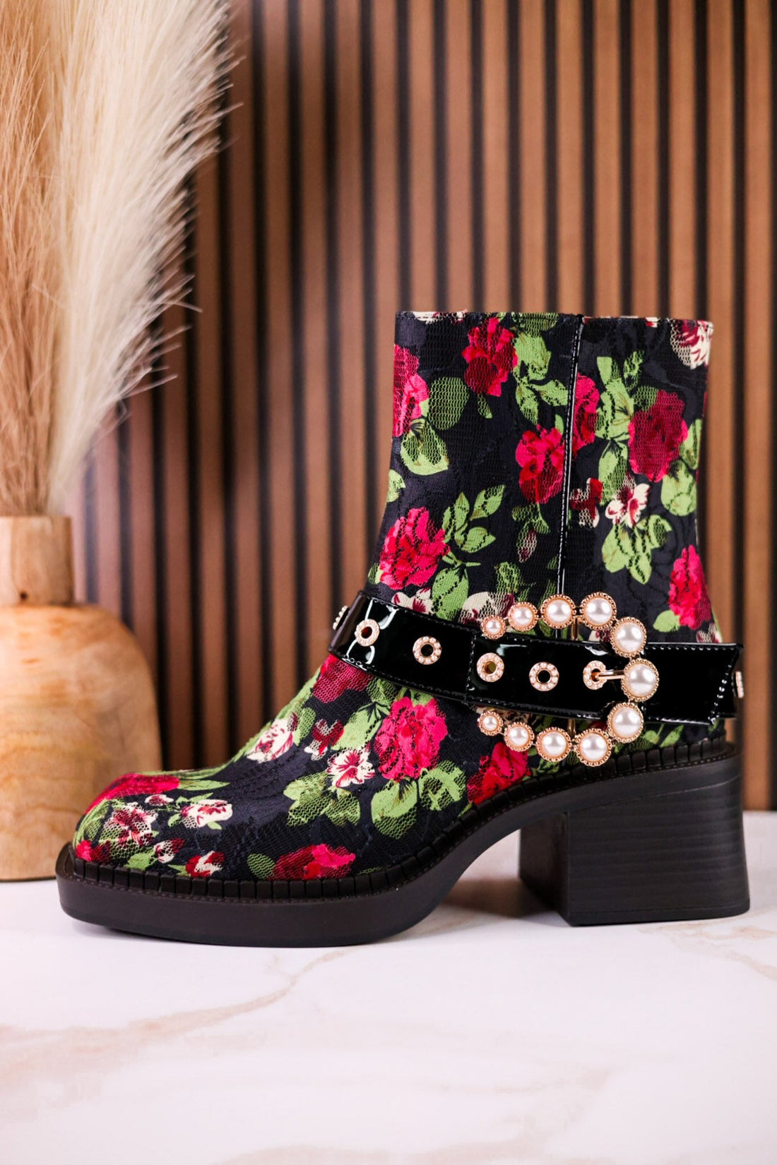 Betsey Johnson Floral Lace Asher Booties With Pearl Buckle - Whiskey Skies - BETSEY JOHNSON