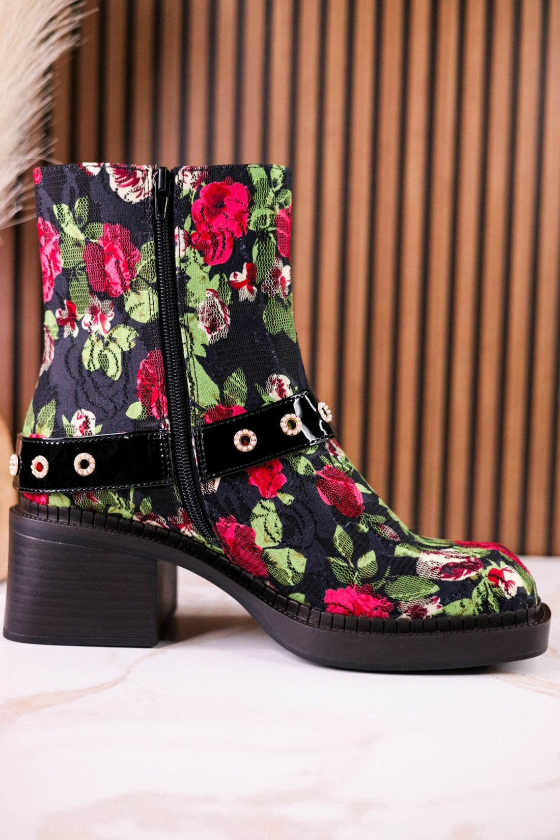Betsey Johnson Floral Lace Asher Booties With Pearl Buckle - Whiskey Skies - BETSEY JOHNSON