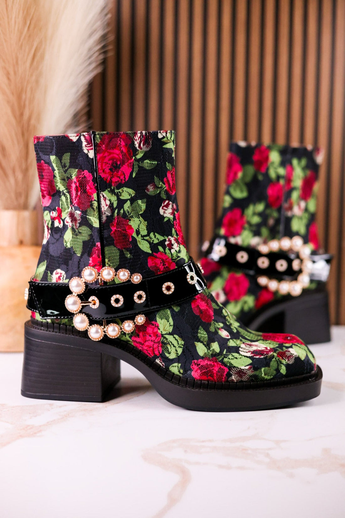 Betsey Johnson Floral Lace Asher Booties With Pearl Buckle - Whiskey Skies - BETSEY JOHNSON