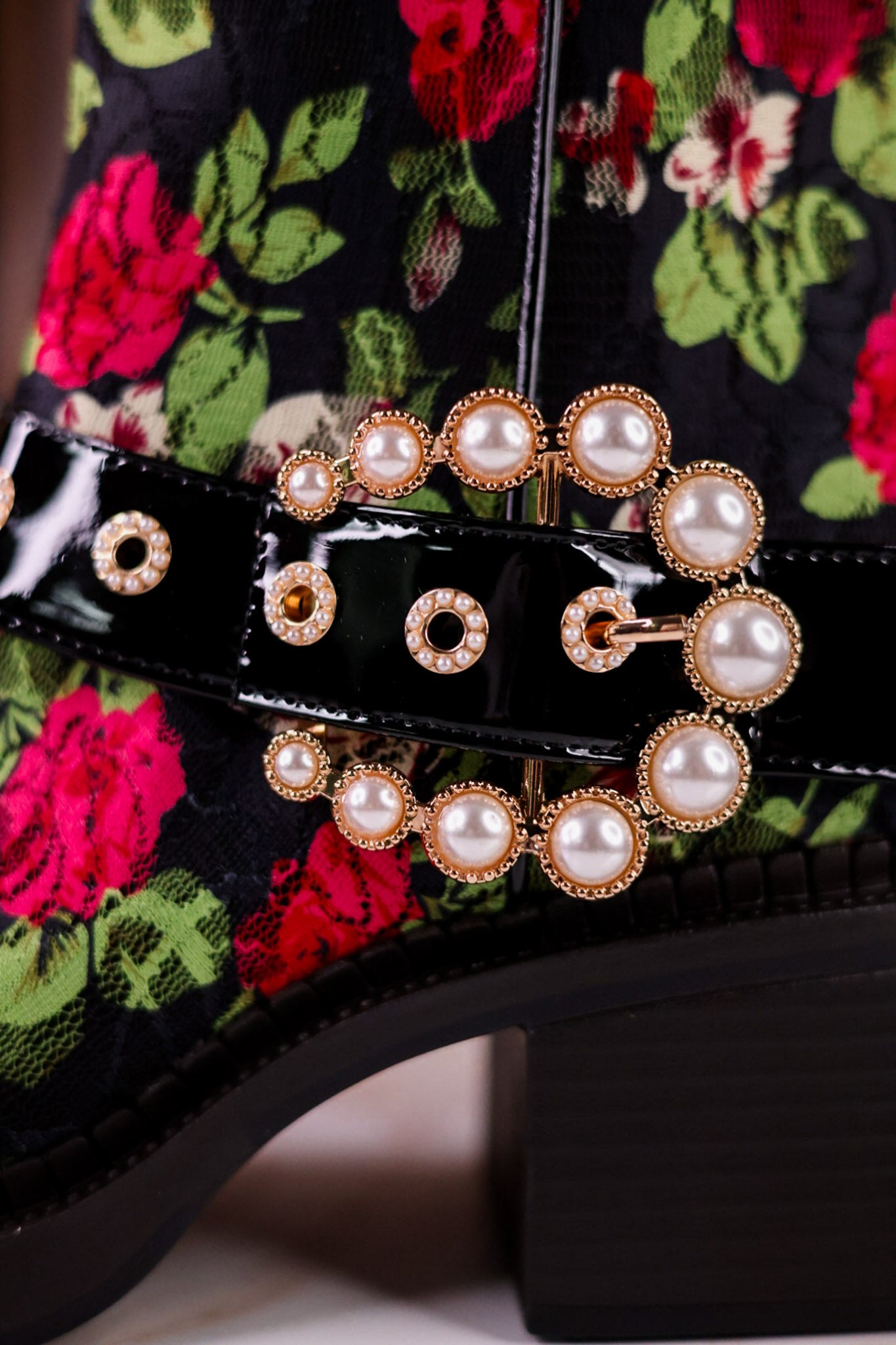 Betsey Johnson Floral Lace Asher Booties With Pearl Buckle - Whiskey Skies - BETSEY JOHNSON