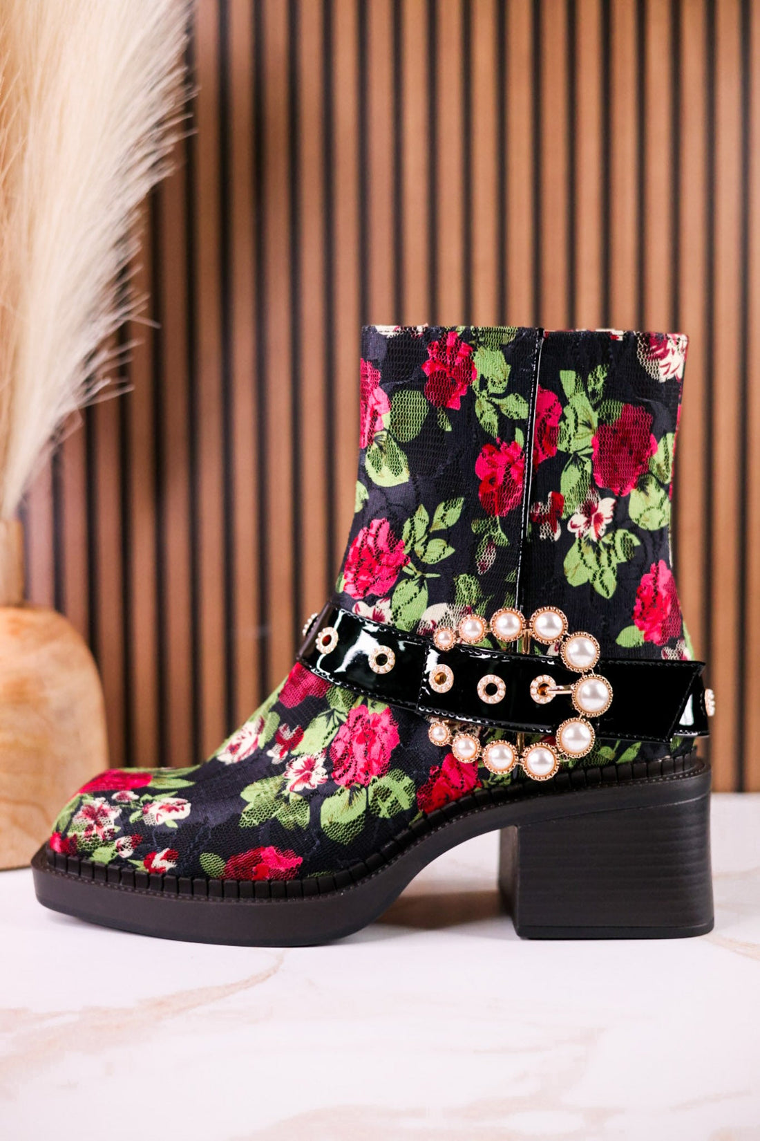 Betsey Johnson Floral Lace Asher Booties With Pearl Buckle - Whiskey Skies - BETSEY JOHNSON