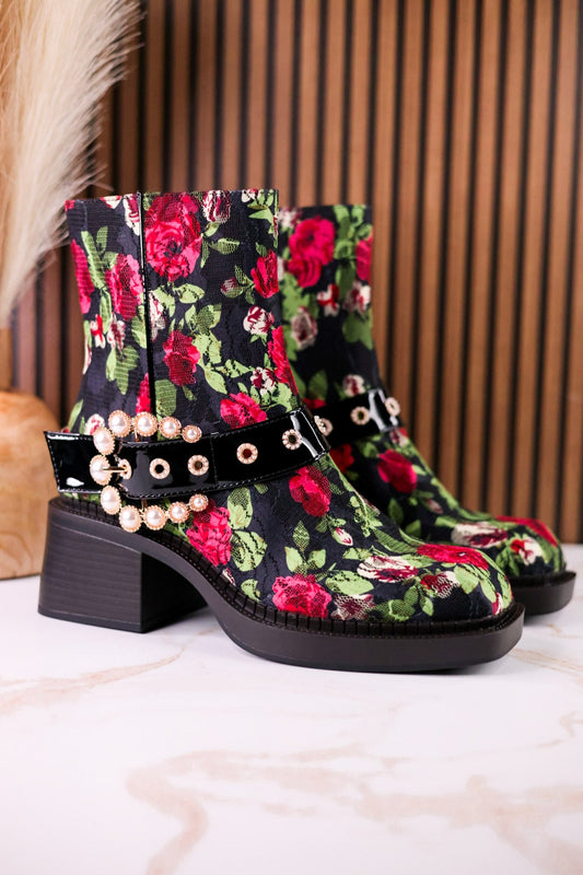 Betsey Johnson Floral Lace Asher Booties With Pearl Buckle - Whiskey Skies - BETSEY JOHNSON