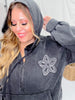 Black Acid Washed Flower Patch Zipped Hood Sweatshirt - Whiskey Skies - ODDI