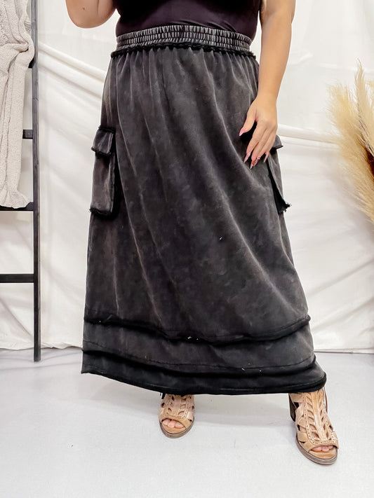 Black Acid Washed French Terry Skirt - Whiskey Skies - ODDI