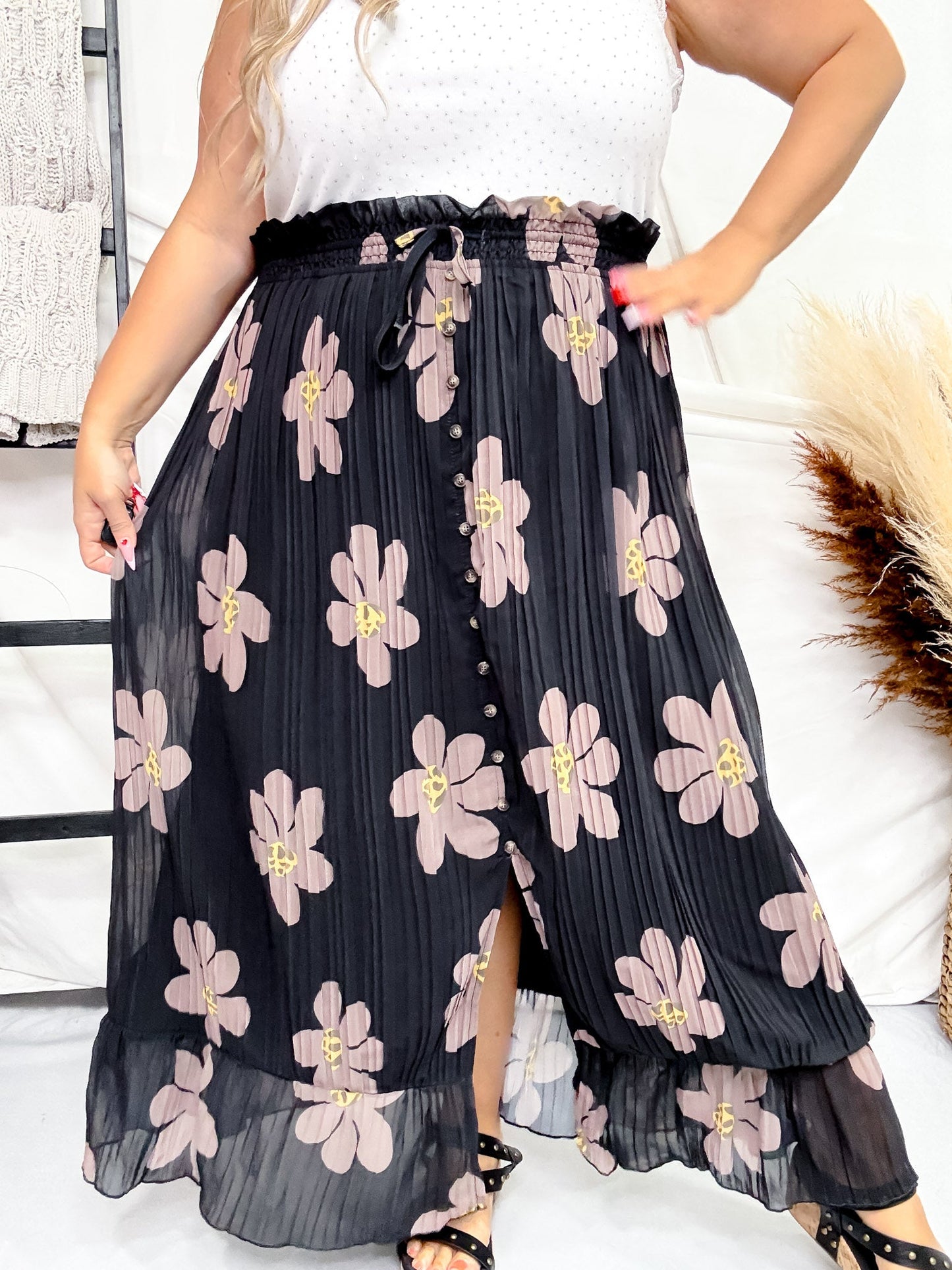 Black and Brown Floral Button Front Maxi Skirt - Whiskey Skies - MIKAROSE