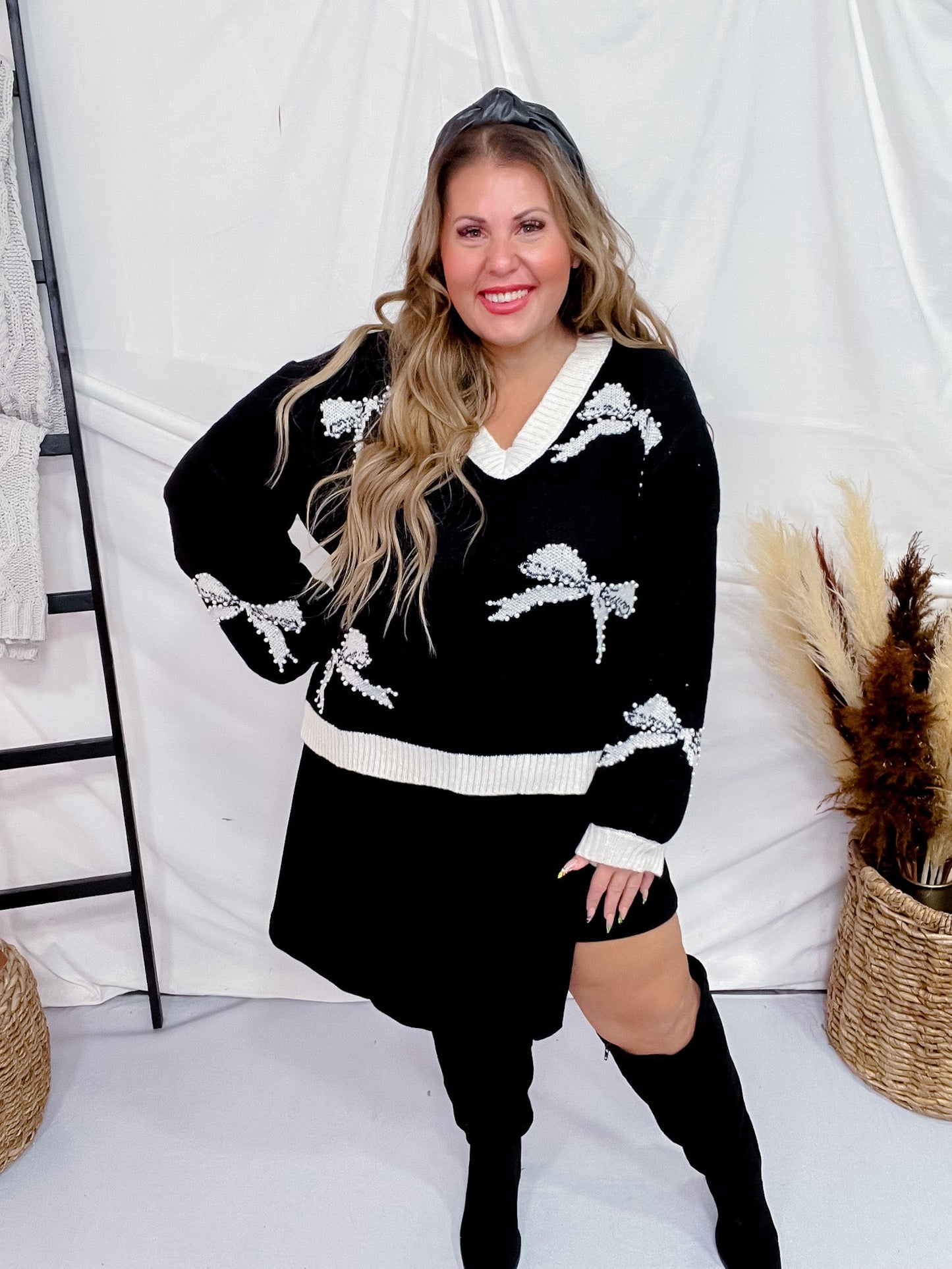 Black and Cream Pearl Studded Pullover Sweater - Whiskey Skies - DAVI & DANI