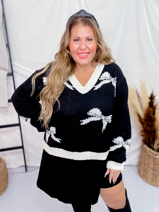 Black and Cream Pearl Studded Pullover Sweater - Whiskey Skies - DAVI & DANI