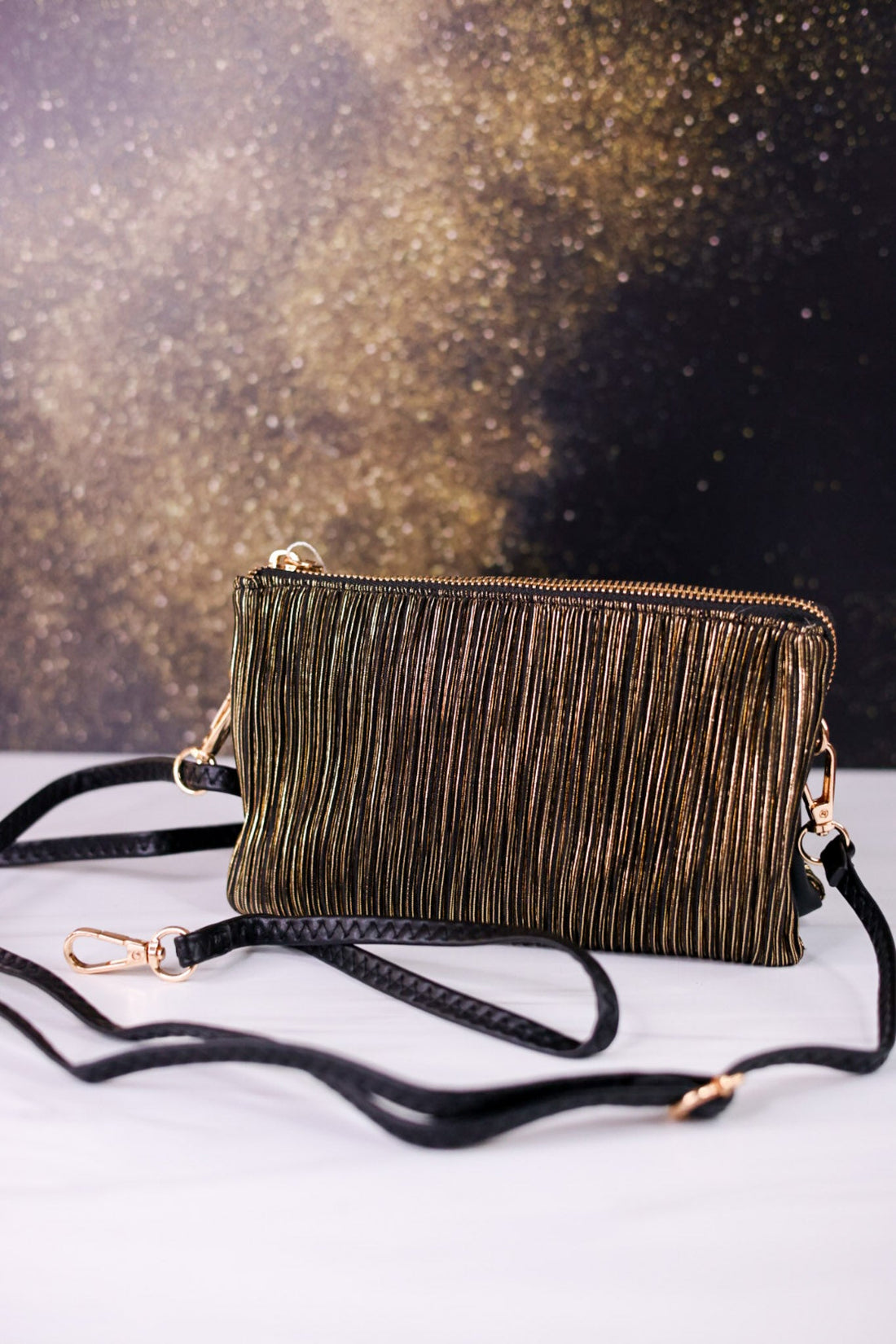 Black And Gold Shimmer Stripe Riley Crossbody Bag - Whiskey Skies - JEN & CO