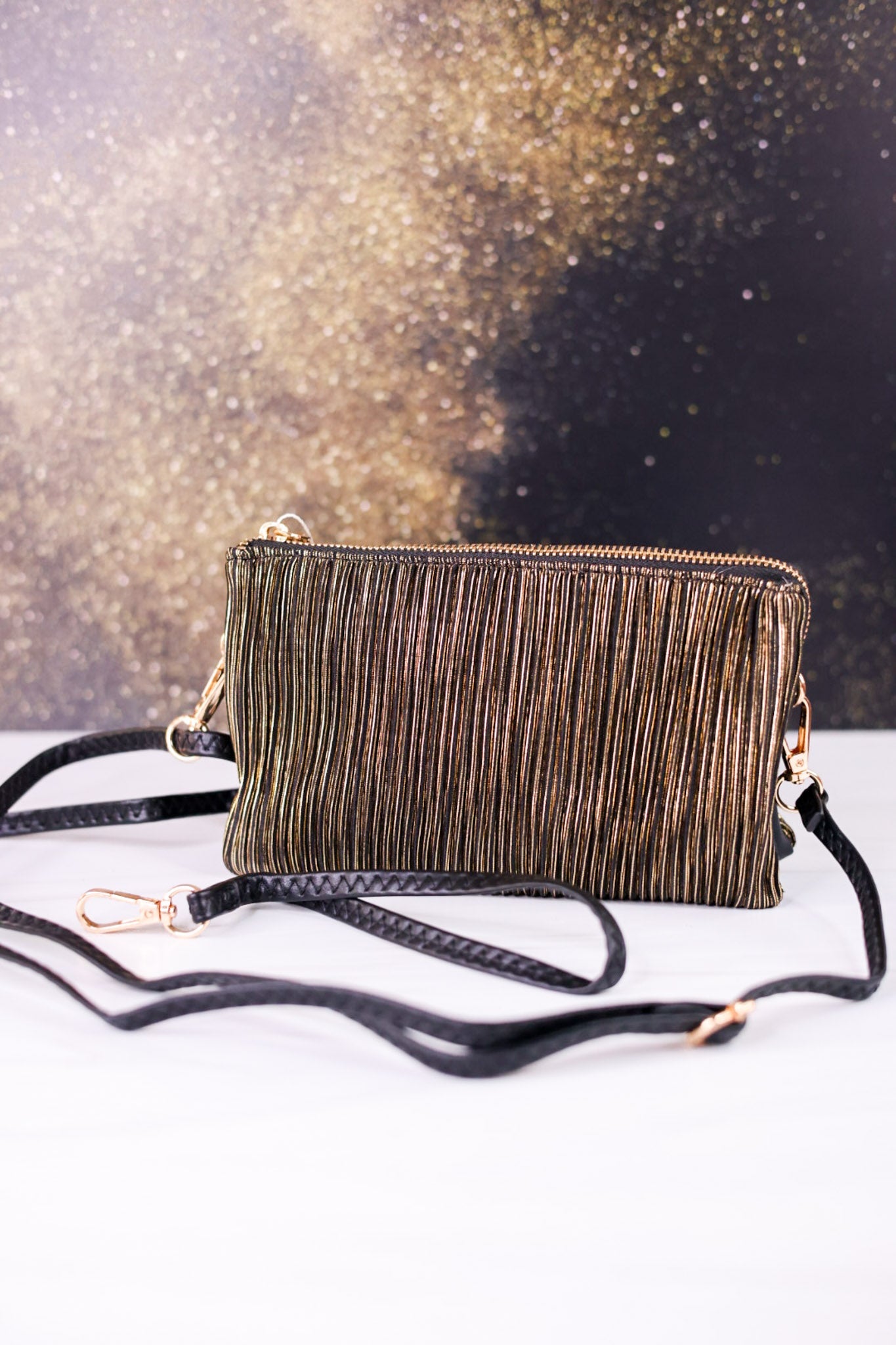 Black And Gold Shimmer Stripe Riley Crossbody Bag - Whiskey Skies - JEN & CO