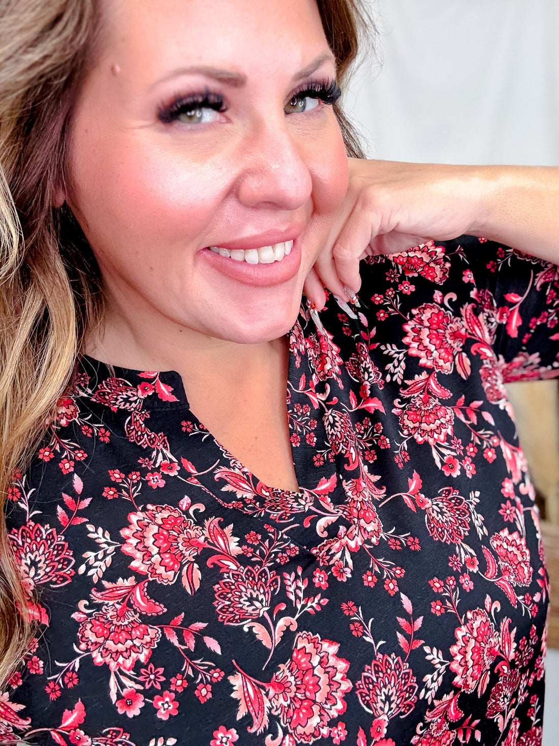 Black and Pink Floral Lizzy Top With 3/4 Tiered Bell Sleeves - Whiskey Skies - DEAR SCARLETT