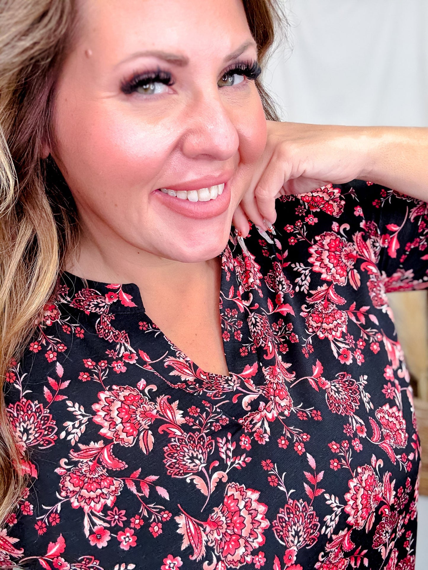 Black and Pink Floral Lizzy Top With 3/4 Tiered Bell Sleeves - Whiskey Skies - DEAR SCARLETT