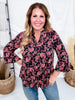 Black and Pink Floral Lizzy Top With 3/4 Tiered Bell Sleeves - Whiskey Skies - DEAR SCARLETT