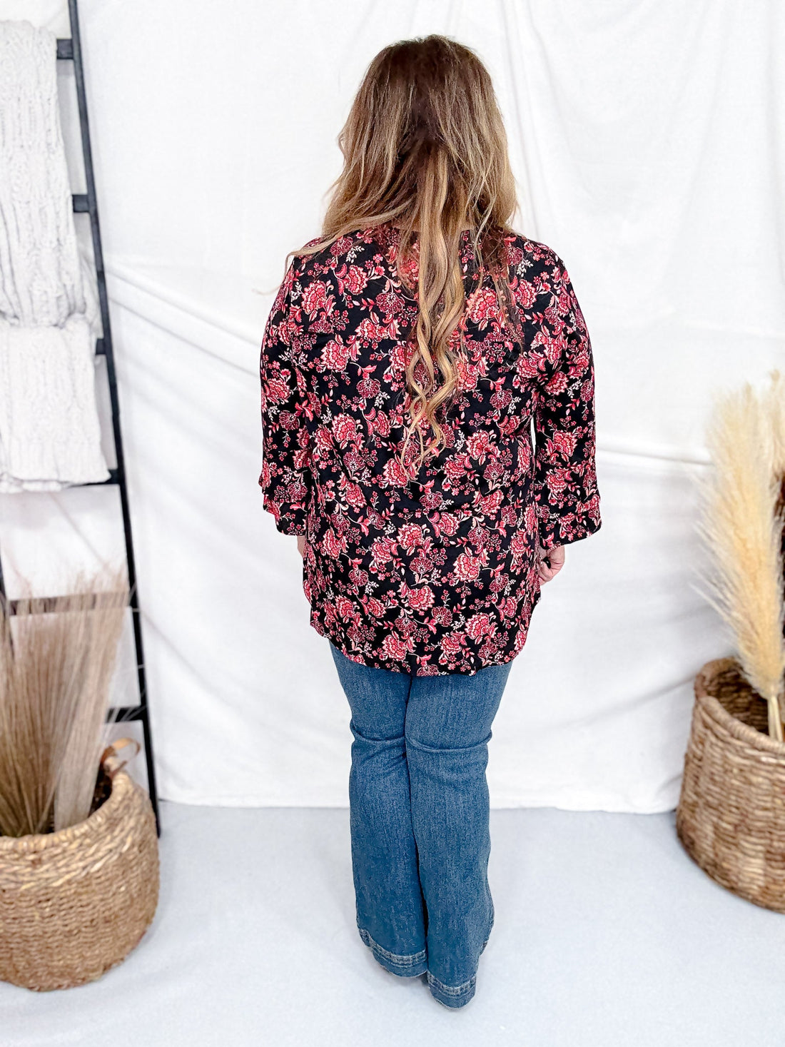 Black and Pink Floral Lizzy Top With 3/4 Tiered Bell Sleeves - Whiskey Skies - DEAR SCARLETT