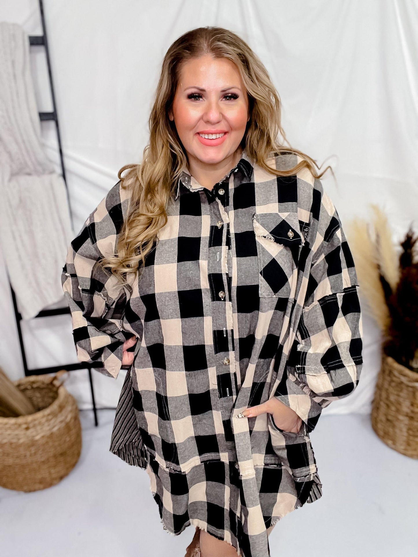 Black and Taupe Plaid Tunic Dress - Whiskey Skies - EASEL