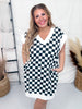 Black and White Checkered Hi - Lo V - Neck Dress with Side Slit - Whiskey Skies - JADE BY JANE