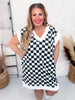 Black and White Checkered Hi - Lo V - Neck Dress with Side Slit - Whiskey Skies - JADE BY JANE