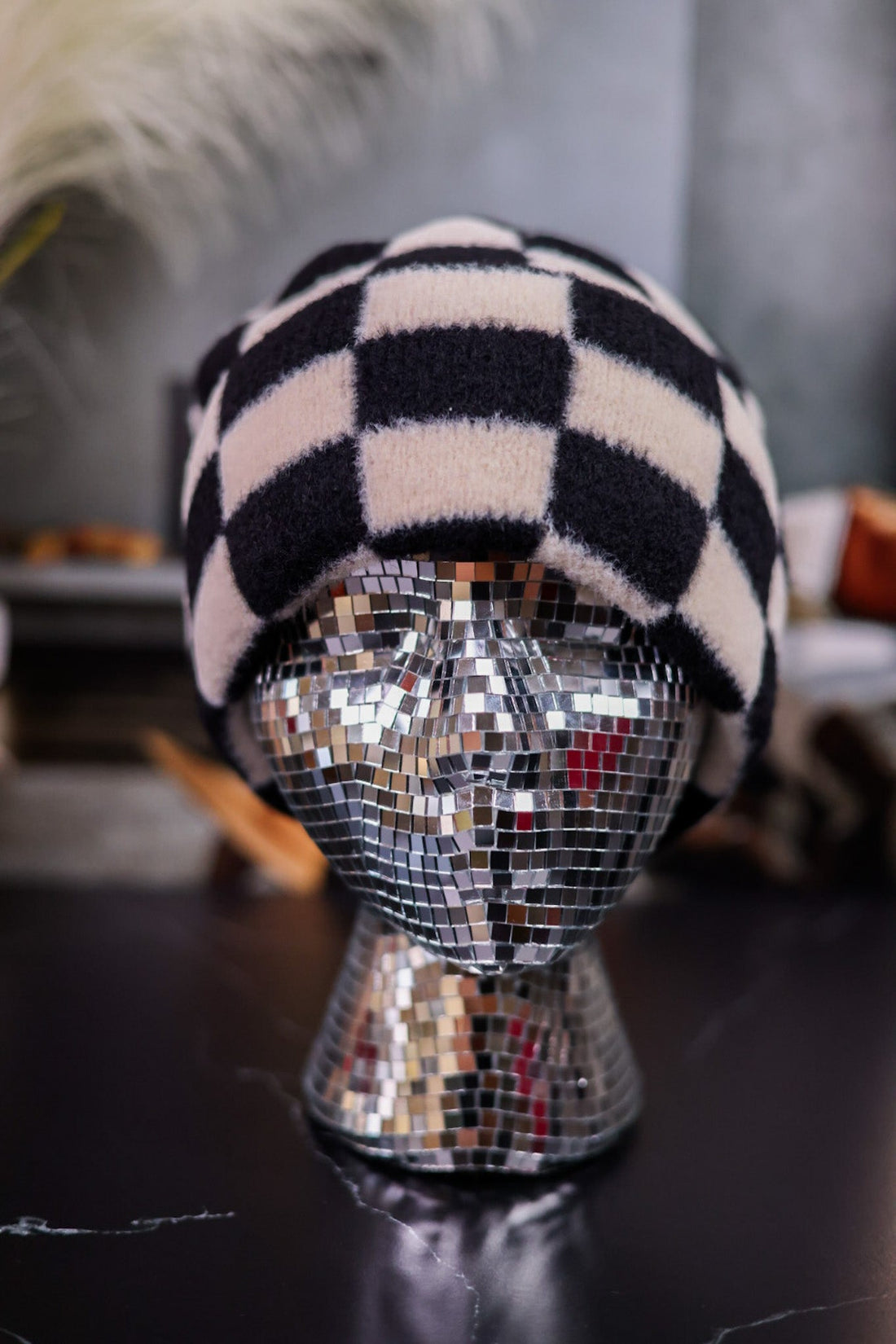 Black and White Checkered Knit Beanie - Whiskey Skies - SHIRALEAH