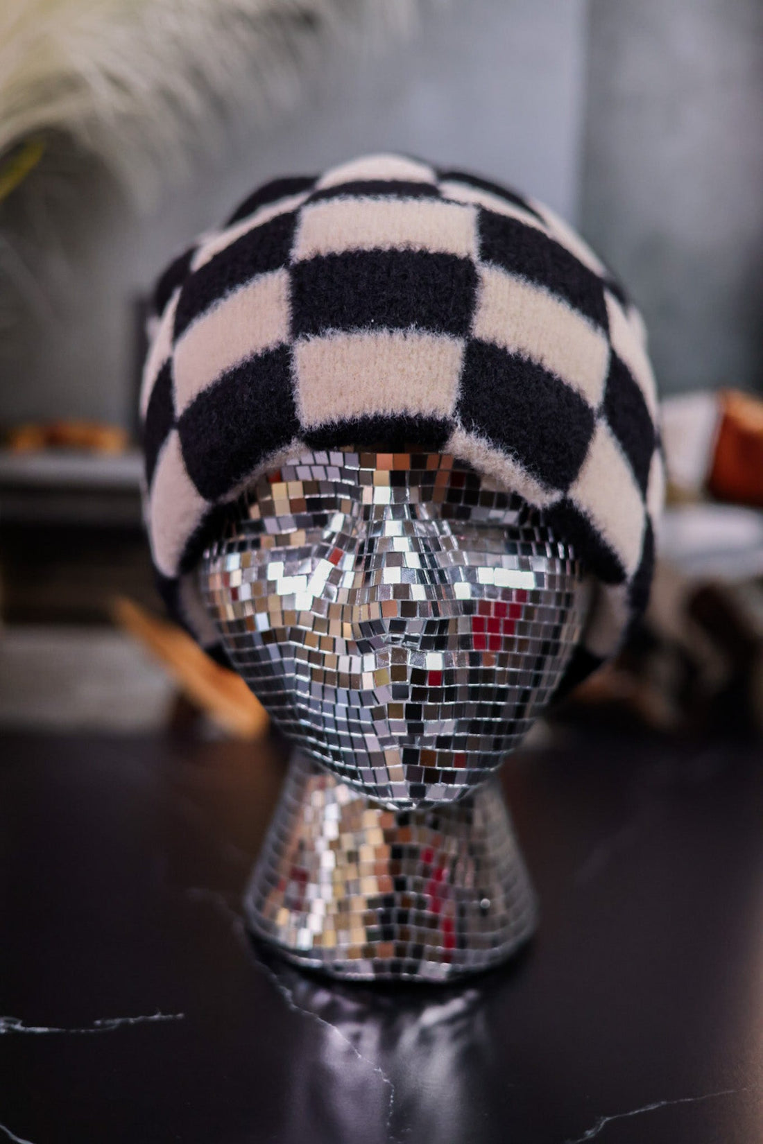 Black and White Checkered Knit Beanie - Whiskey Skies - SHIRALEAH